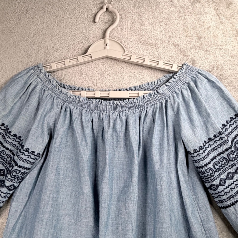 Gap Blouse Women S Blue Chambray Off the Shoulder Embroidered‎ Boho Peasant Top - Picture 4 of 10